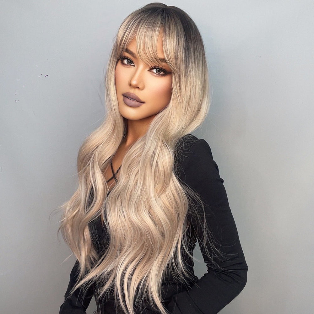 Ombre WIG with bang 50% Natural hair- 50%synthetic , Long Blonde