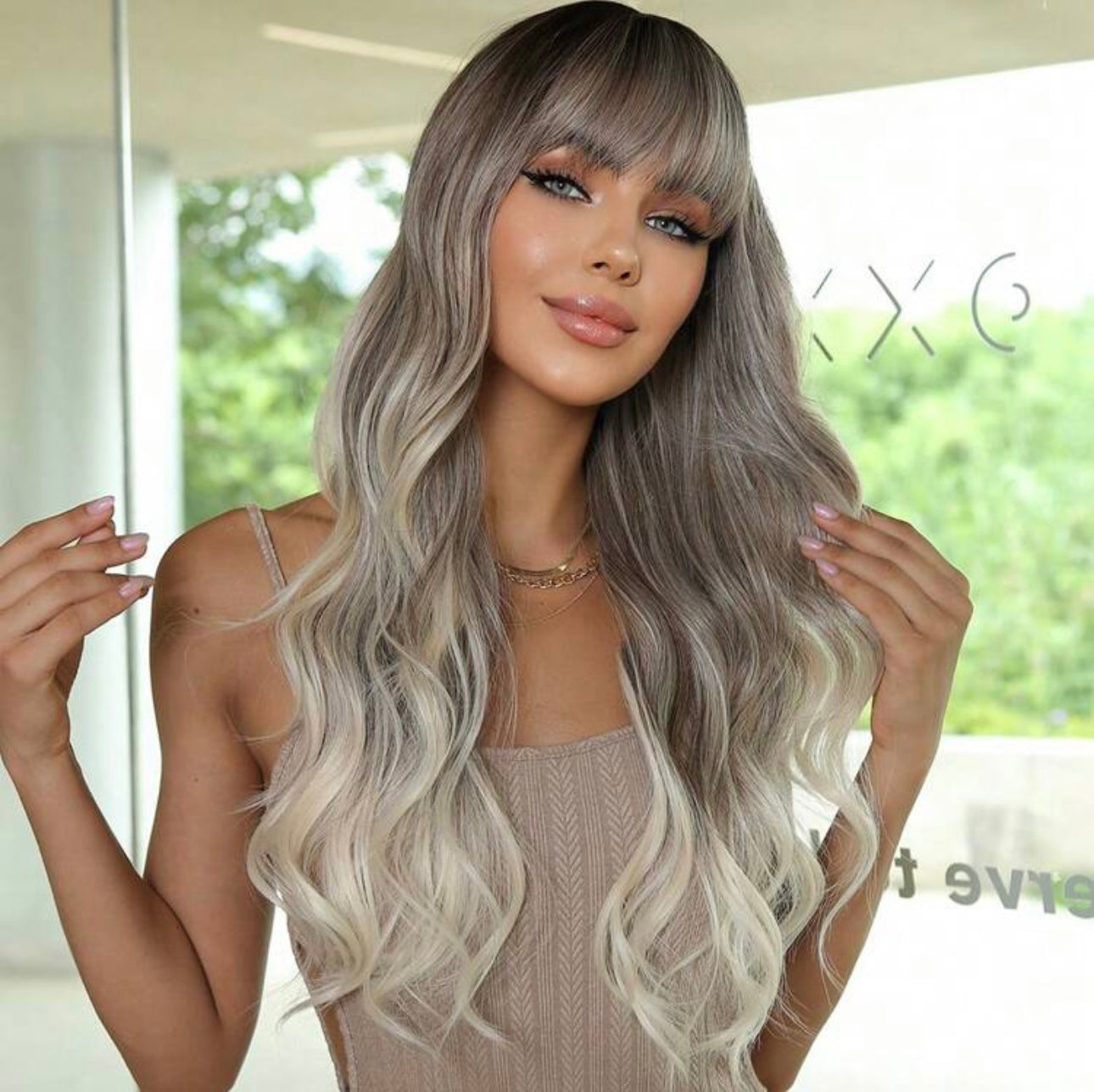 Balayage blonde WIG With bang, 60 Cm Length, Body wave lace front