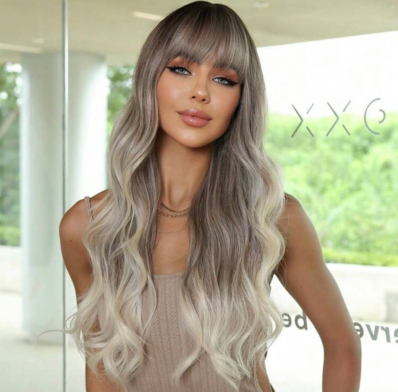 Balayage blonde WIG With bang, 60 Cm Length, Body wave lace front