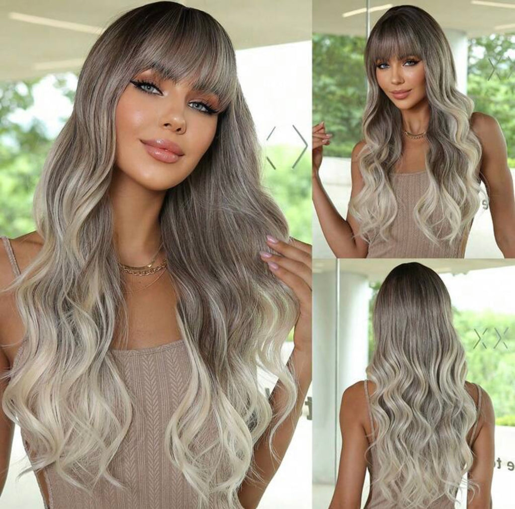 Balayage blonde WIG With bang, 60 Cm Length, Body wave lace front